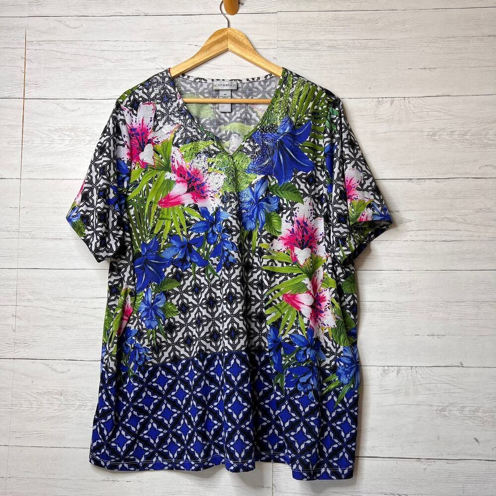 Catherines Blouse Womens Size 3X Colorful Floral V Neck Boho Beaded Lace Boxy